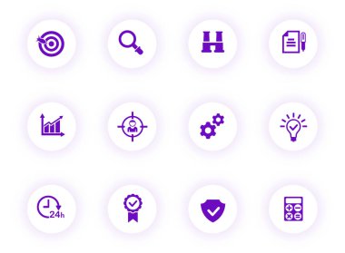 Veri analizi mor renkli vektör simgelerini mor gölgeli ışık yuvarlak düğmelerde gösteriyor. Web, mobil uygulamalar, ui tasarımı ve yazdırma için veri analiz simgesi seti