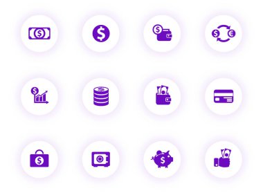 Mor gölgeli hafif yuvarlak düğmelerdeki mor renk vektör simgelerini finanse et. Web, mobil uygulamalar, ui tasarım ve yazdırma için finans simgesi