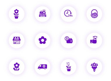 Çiçekçi mor renkli vektör simgeleri açık renkli düğmelerde mor gölgeli. Web, mobil uygulamalar, ui tasarım ve yazdırma için çiçek dükkanı simgesi seti