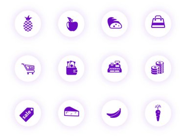 grocery store purple color vector icons on light round buttons with purple shadow. grocery store icon set for web, mobile apps, ui design and print