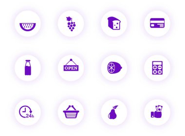 grocery store purple color vector icons on light round buttons with purple shadow. grocery store icon set for web, mobile apps, ui design and print