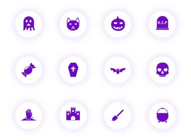 halloween purple color vector icons on light round buttons with purple shadow. halloween icon set for web, mobile apps, ui design and print