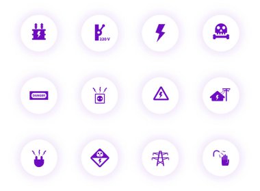 high voltage purple color vector icons on light round buttons with purple shadow. high voltage icon set for web, mobile apps, ui design and print