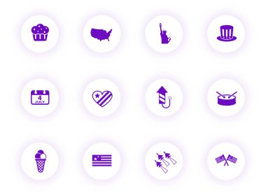 independance day purple color vector icons on light round buttons with purple shadow. independance day icon set for web, mobile apps, ui design and print