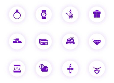 jewelry purple color vector icons on light round buttons with purple shadow. jewelry icon set for web, mobile apps, ui design and print