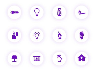 light purple color vector icons on light round buttons with purple shadow. light icon set for web, mobile apps, ui design and print