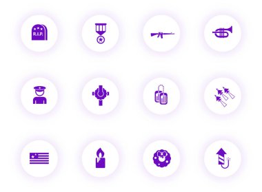 memorial day purple color vector icons on light round buttons with purple shadow. memorial day icon set for web, mobile apps, ui design and print