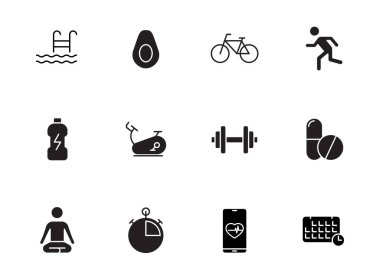 Fitness silueti vektör simgeleri beyaza izole edildi. Web, mobil uygulamalar, ui tasarım ve reklam işi için fitness simgesi seti