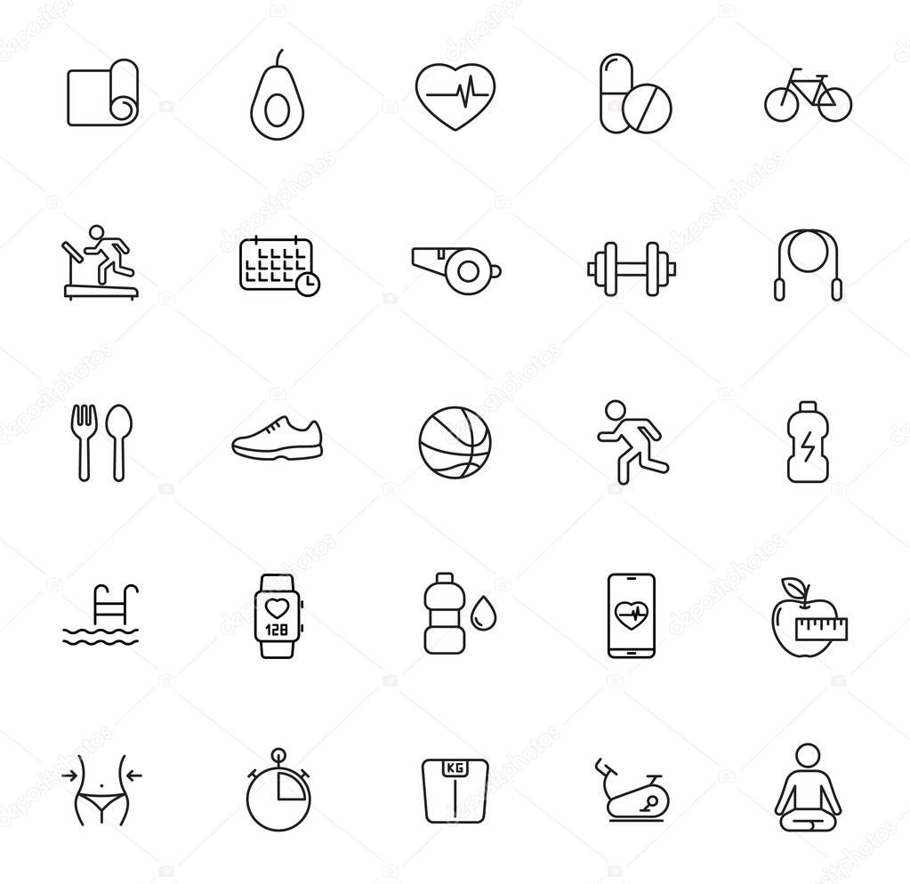 Fitness outline vector icons isolated on white background. fitness icon set for web and ui design, mobile apps, print polygraphy and promo advertising business