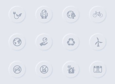 Dünya günü gri vektör simgeleri yuvarlak lastik düğmelerde. Web, mobil uygulamalar, ui tasarım ve tanıtım işleri için yer gün simgesi seti
