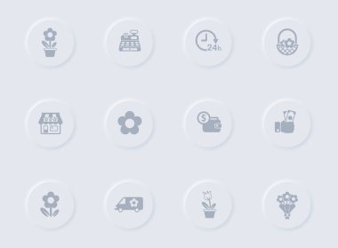 Çiçekçi gri vektör simgeleri yuvarlak lastik düğmelerde. Web, mobil uygulamalar, ui tasarım ve tanıtım işleri için ikon seti