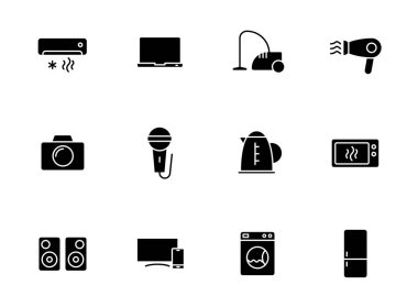 Ev aletleri siluet vektör simgeleri beyaza izole edildi. ev aletleri web, mobil uygulamalar, ui tasarımı ve yazdırma yalan makinesi için siyah simge seti