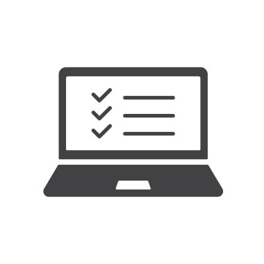 Kontrol listesi vektör simgesine sahip dizüstü bilgisayar beyaz arkaplanda izole edildi. Web, mobil uygulama ve ui tasarımı için stok vektör illüstrasyonuna sahip dizüstü bilgisayar