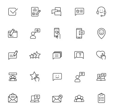 Beyaz arkaplanda izole edilmiş geribildirim ana hatları vektör simgeleri. Web ve ui tasarımı, mobil uygulamalar, baskı yalan makinesi ve reklam işi için geri bildirim simgesi