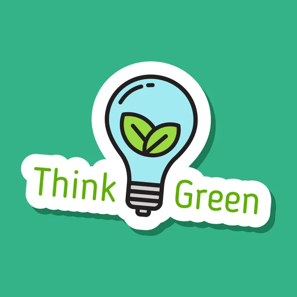 Think Green Color Vector Eco Sticker Light Bulb Leaves Think — Stock Vector