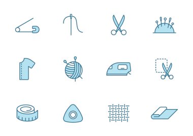 Dikiş çizgisi doldurulmuş vektör simgeleri beyaz arkaplanda izole edilmiş iki renkte. Web tasarımı için mavi simge seti, ui, mobil uygulamalar, baskı yalan makinesi ve tanıtım işi