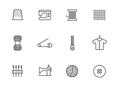 Beyaz arkaplanda izole edilmiş dış hat vektör simgeleri dikiliyor. Web ve ui tasarımı için dikiş çizgisi simgeleri, mobil uygulamalar, baskı yalan makinesi ve reklam işi