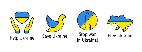 Állítsa Meg Háború Ukrajnában Kék Sárga Körvonalú Tele Ikonok Betűkkel — Stock Vector
