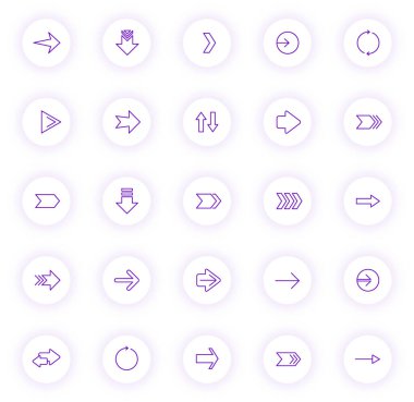 Mor renkli oklar açık renkli düğmelerde mor gölgeli simgeler çizer. Web, mobil uygulamalar, ui tasarımı ve yazdırma için ok simgesi seti