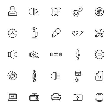 Beyaz arkaplanda izole edilmiş araç servis ana hatları simgeleri. Web ve ui tasarımı için araba servis simgeleri, mobil uygulamalar, baskı yalan makinesi ve reklam işi