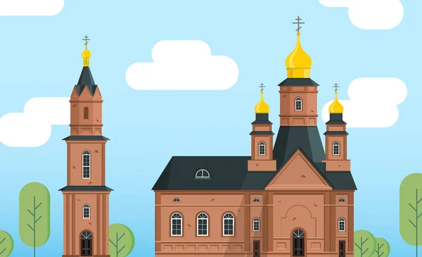 空と木の背景に対する教会と鐘楼カラーフラットイラスト — ストックベクタ
