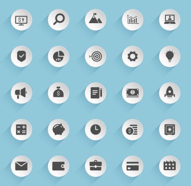 Mavi arka planda şeffaf gölgeler olan yuvarlak kağıt çemberlerdeki iş vektör simgeleri. Web, mobil ve kullanıcı arayüzü tasarımı için ticari stok vektör simgeleri