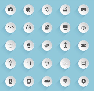 Kabarık kağıt dairelerde, mavi arka planda şeffaf gölgeler olan eğlence vektör simgeleri. Web, mobil ve kullanıcı arayüzü tasarımı için eğlence stoğu vektör simgeleri