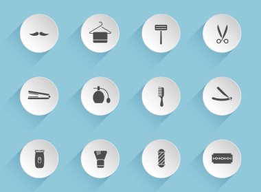 Mavi arka planda şeffaf gölgeler olan yuvarlak kağıt çemberler üzerinde berber vektör simgeleri. Web, mobil ve kullanıcı arayüzü tasarımı için berber stoku vektör simgeleri