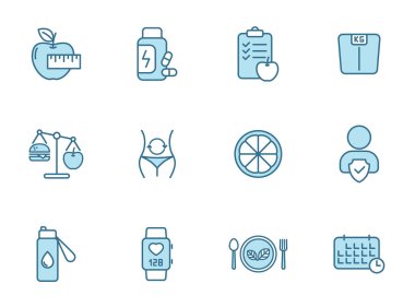 Beslenme çizgisi simgeleri beyaz arkaplanda izole edilmiş iki renkte. Web tasarımı için beslenme mavi simgesi seti, ui, mobil uygulamalar, baskı yalan makinesi ve tanıtım işi