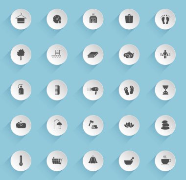 Mavi arka planda şeffaf gölgeler olan yuvarlak kağıt daireler üzerinde sauna vektör simgeleri. sauna stok vektör simgeleri web, mobil ve kullanıcı arayüzü tasarımı için