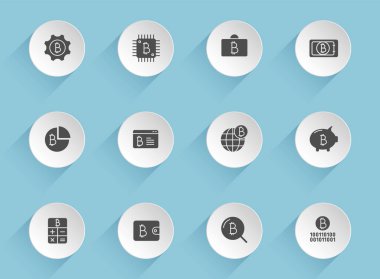 Mavi arka planda şeffaf gölgeler olan yuvarlak kağıt daireler üzerinde bitcoin vektör simgeleri. Web, mobil ve kullanıcı arayüzü tasarımı için kripto para birimi hisse senedi vektör simgeleri