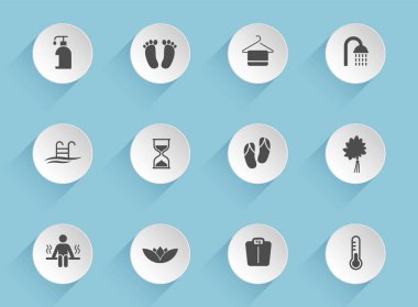 Mavi arka planda şeffaf gölgeler olan yuvarlak kağıt daireler üzerinde sauna vektör simgeleri. sauna stok vektör simgeleri web, mobil ve kullanıcı arayüzü tasarımı için