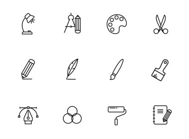 Sanat araçları beyaz arkaplanda izole edilmiş simgeleri ana hatlarıyla belirler. Web ve ui tasarımı için resim araçları çizgisi simgeleri, mobil uygulamalar, yazıcı yalan makinesi ve reklam işi