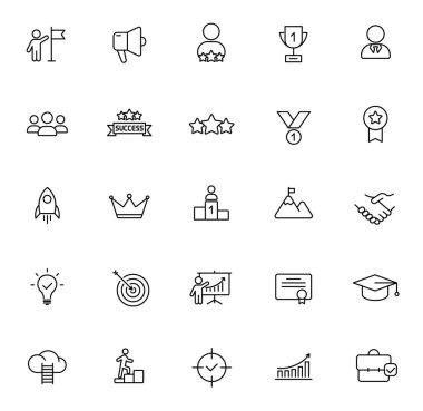 Beyaz arkaplanda izole edilmiş başarı simgeleri. Web ve ui tasarımı için başarı çizgisi simgeleri, mobil uygulamalar, yazıcı yalan makinesi ve reklam işi