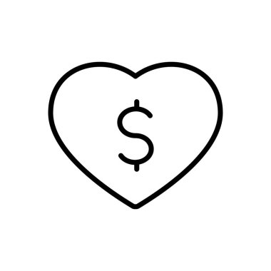 Dollar in Heart ana hatlı vektör simgesi beyaz arkaplanda izole edildi. Web, mobil ve ui tasarımı için Dollar In Heart çizgi simgesi