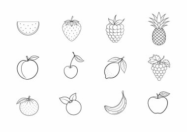 Meyve çizgisi çizimleri ayarlandı. Meyve taslak simgeleri. Sağlıklı vejetaryen gıda kavramı