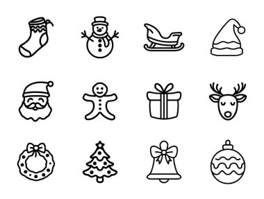 Noel seti ikonu. Çorap, kardan adam, kızak, Noel Baba, zencefilli çörek adam, hediye, ren geyiği, çelenk, Noel ağacı, çan, süs. Tatil süslemeleri, kış, kutlama, bayram sembolleri.