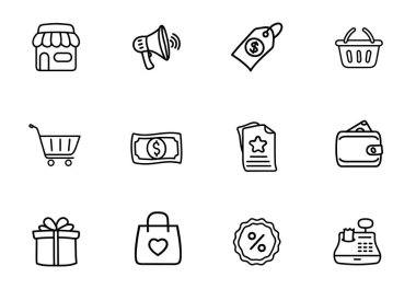 Alışveriş ve ödeme hattı simgesi ayarlandı. Pazar, indirim, mağaza, alım, fiyat, satış, cüzdan, para, el arabası, hediye, işlem, sepet, ticaret, promosyon, ekonomi, perakende, finans, izole edilmiş beyaz