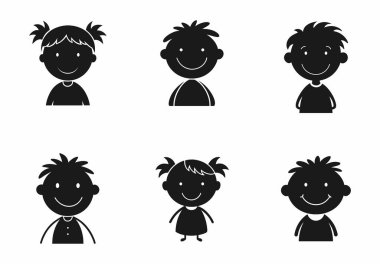 Gülümseyen çocuk siluetleri simgesi. Çocuk, mutluluk, şirin, çizgi film, karakter, neşeli, oyuncu, genç, basit, grafik, çocukluk, eğlenceli, neşeli, mutlu, resimli, masum, tasarım.