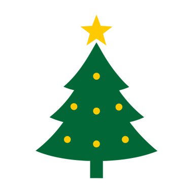 Yıldızlı ve oyuncaklı minimalist Noel ağacı ikonu. Tatil, şenlik, kış, süsleme, kutlama, çam, geleneksel, neşeli, yemyeşil, mevsimlik, Noel, sembol, ağaç.