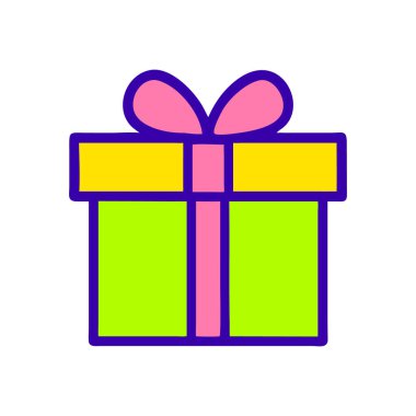 Parlak neon hediye kutusu simgesi. Şen, renkli, canlı, ambalaj, yay, kutlama, tatil, neşeli, hediye, eğlence, dekor, özel, özel, hediye, sürpriz.