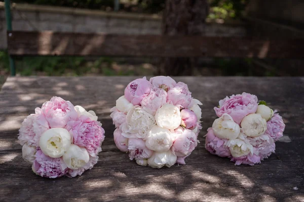 The brides bouquet of pink peonies on dark backround. Sarah Bernard peonies.