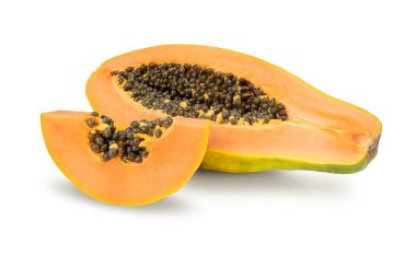 Papaya fruit cut in half isolated on white background. BIO fruits.
