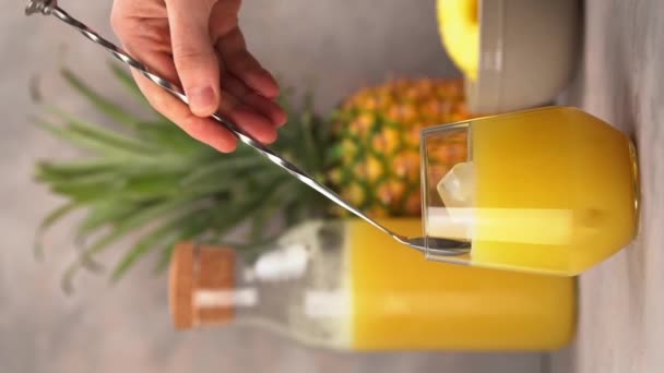 Rum Cocktail Pineapple Juice Barman Stirring Bar Spoon Pineapple Cocktail — Vídeo de Stock