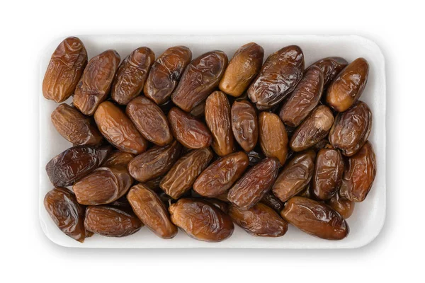 Dried Dates Plastic Tray Dried Dates Isolated White Background — Stock Photo, Image