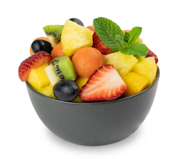 Fruit Salad Gray Bowl Pineapple Papaya Kiwi Grapes Strawberry Clipping — Stock Photo, Image