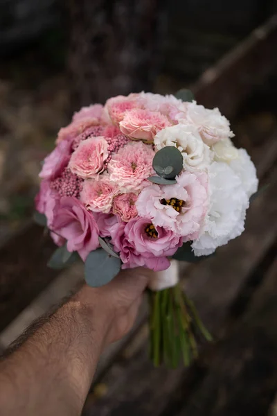 Wedding Bouquet Composed Roses Ozothamnus Freesia Eucalyptus Pink Bridal Bouquet — стоковое фото