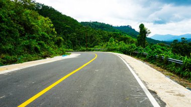 Etrafı sarılı tepelerle çevrili yeşil bir orman manzarasında seyahat eden güzel, dolambaçlı bir yol. Bulutlu bir gökyüzü altında doğayla bir macera ve bağlantı hissi verir.