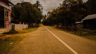 Kırsal bir yol, yemyeşil ve küçük evlerle çevrili olan mesafeye kadar uzanıyor. Gökyüzü bulutlu, sakin ve huzurlu bir atmosfer yaratıyor..