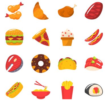 Hamburger, pizza, dondurma, sosisli sandviç, tako, suşi ve patates kızartması gibi yassı ikonlu Japon fast food ürünlerinin renkli bir çizimi.